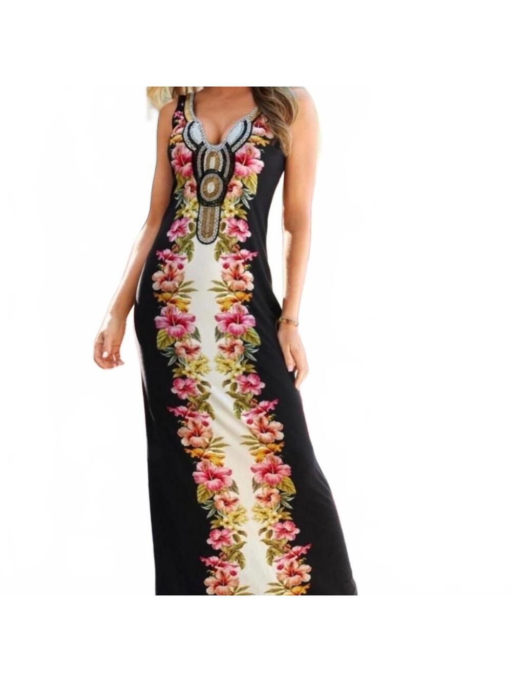 Boston Proper Black Maxi Dress with Pink Floral Center Panel